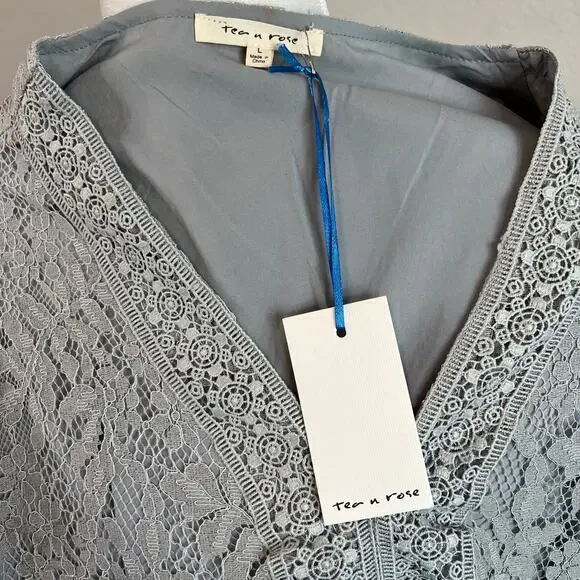 New Tea N Rose Maxi Dress Women's L Blue Gray Lace Flutter Sleeve Boho Chic - Picture 7 of 8